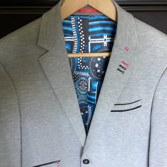 AU NOIR CLASSIC TWO BUTTON LEATHER DETAILED LIGHT GREY BLAZER SIZE SMALL - Picture 3 of 12